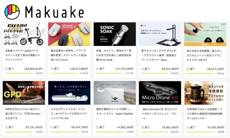 Makuakeでの主な実績イメージ
